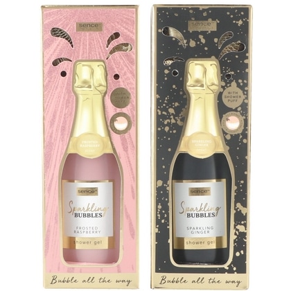 Geschenk Sence Champagnefles showergel 300ml + puff doos 6x roze en 6x zwart assorti 8720701032316
