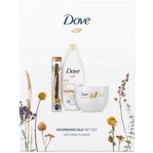 Geschenk Dove – Nourishing Silk Douchecrème 250 ml, Bodycrème 300 ml en Droogbloemen in glazen buisje 8720182320636